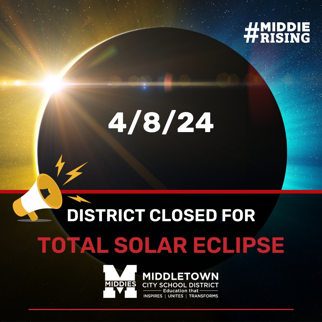 Graphic depicting a solar eclipse reads "4/8/24 District closed for total solar eclipse."